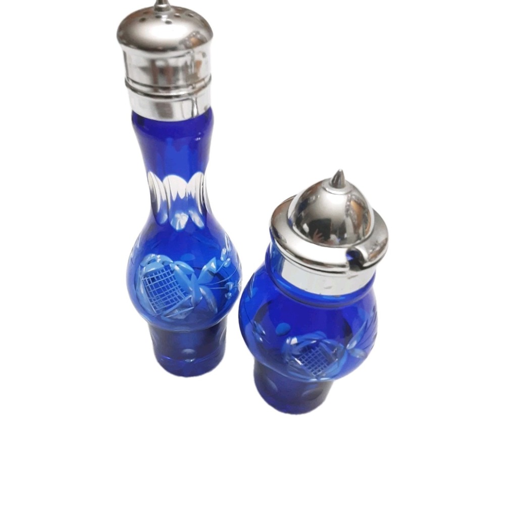 Mermod Jaccard & Co Salt And Pepper Shakers Cobalt Blue Cut to Clear Glass